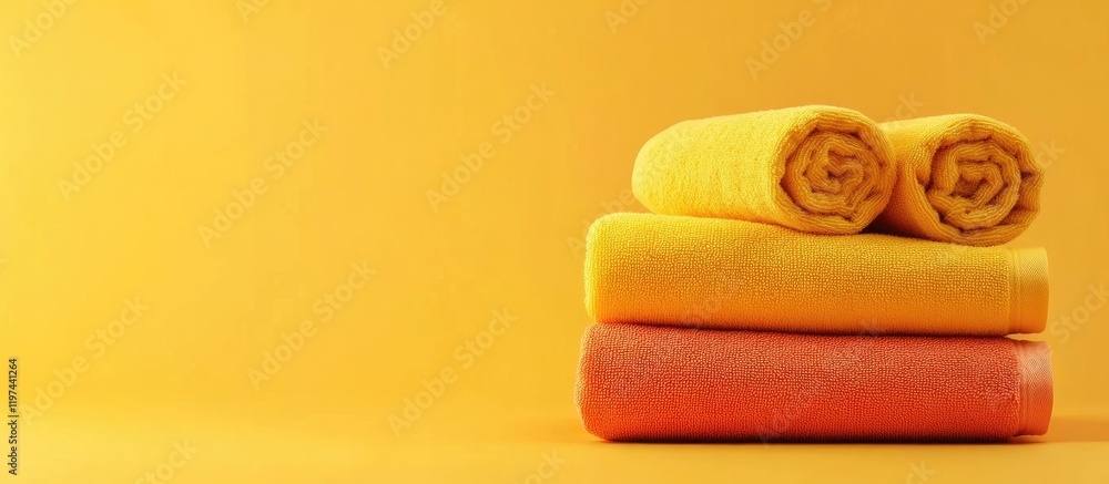 Poster colorful stacked bath towels on a bright yellow background with ample copy space for adding text or 