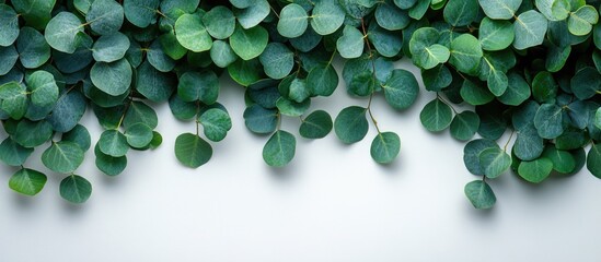 Green foliage background with circular leaves and copy space for text or design elements on a light surface.