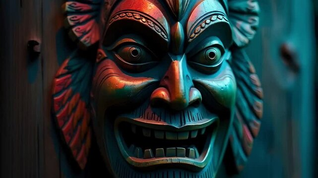 Tribal tiki mask carving, with intricate patterns and details, showcasing vibrant colors like red, green, and yellow, carved from dark wood