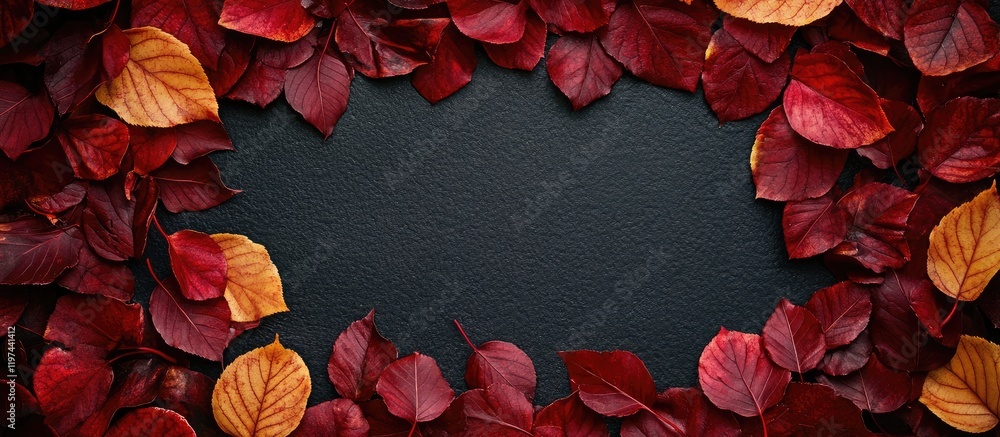 Poster autumn background with vibrant red and golden yellow leaves framing dark textured space for custom t