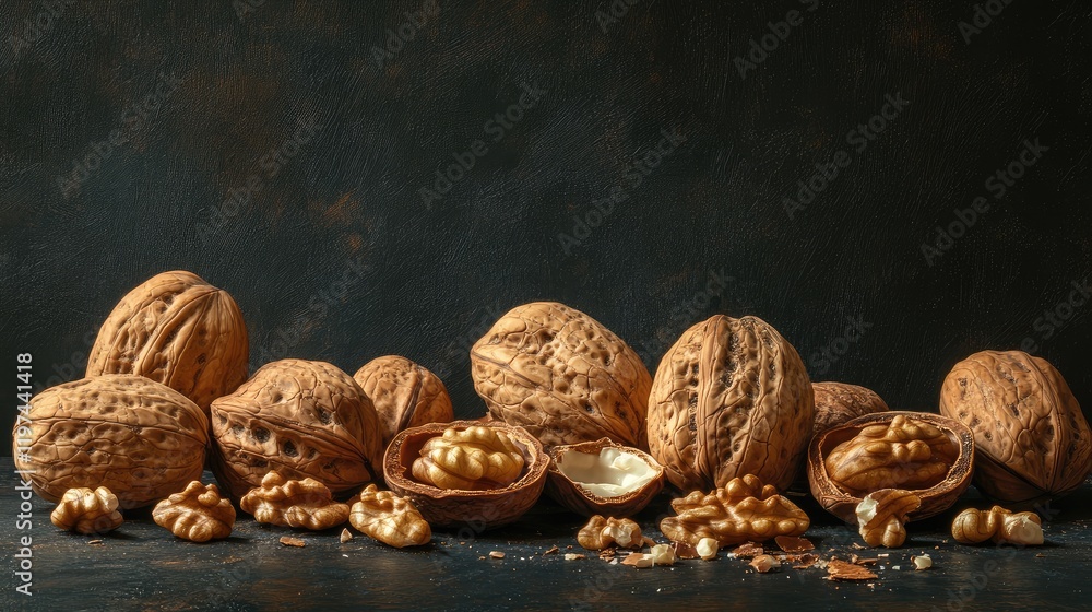 Poster Assorted walnuts and pecans in shells arranged on a dark textured background with scattered nut pieces and shells, natural colors.