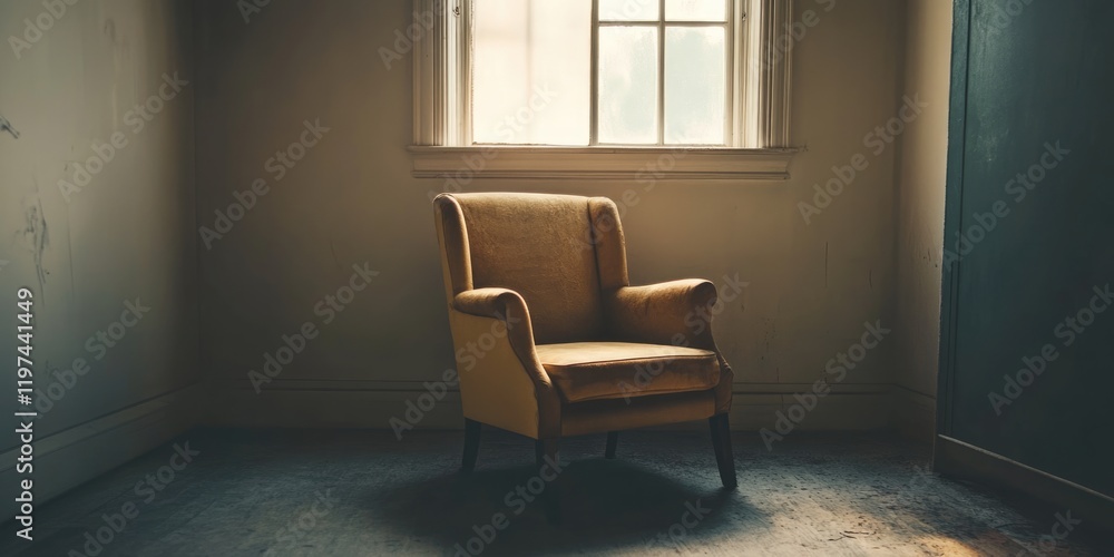 Poster abandoned room with empty vintage armchair illuminated by natural light from window and soft shadows