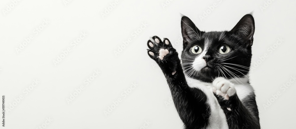 Poster black and white cat with raised paw against a plain background with ample copy space for text