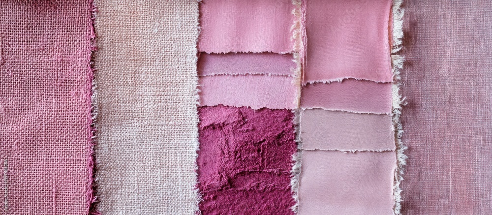 Poster textured fabric swatches in various shades of pink arranged in a row with visible frayed edges and c