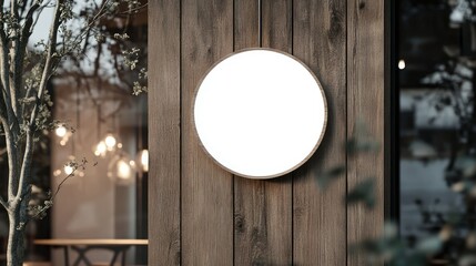 A minimalistic round signboard mockup with a white background hanging from a wooden storefront