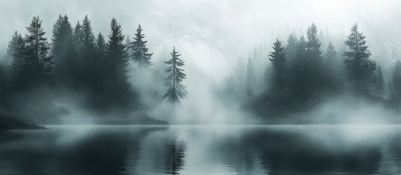 Misty lake landscape with evergreen trees and fog surrounding the water surface copy space