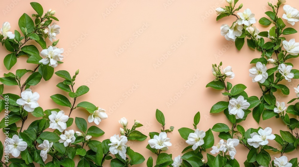 Poster frame of white flowers on a soft peach background for design use