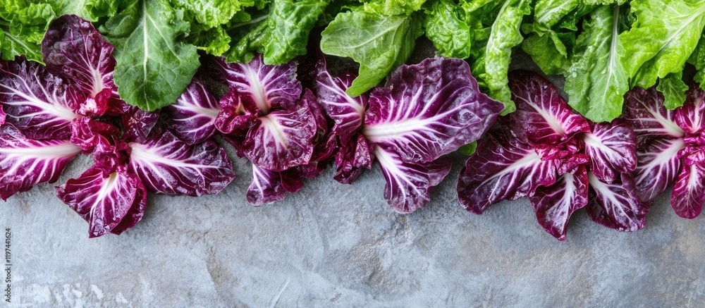 Poster fresh assorted leafy greens including radicchio and romaine on a textured gray background with copy 