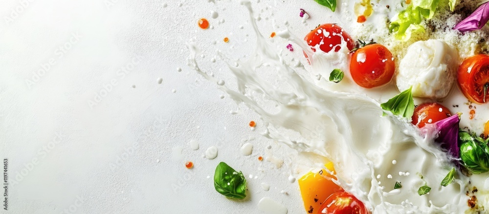 Poster fresh vegetables and dairy splashing on a white background with colorful ingredients showcasing copy