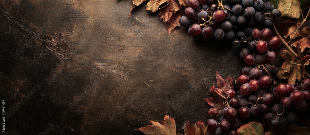 Poster rustic background with assorted grapes and autumn leaves arranged in an elegant composition featurin