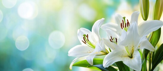 White lilies with green foliage on a blurred bokeh background featuring soft light effects and vibrant colors Copy Space