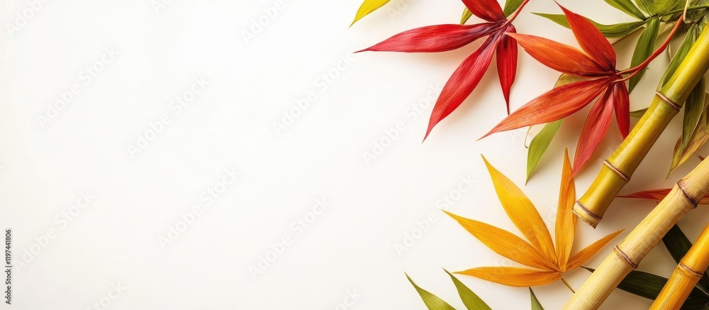 Poster vibrant autumn bamboo arrangement featuring red and yellow leaves on a white background with ample e