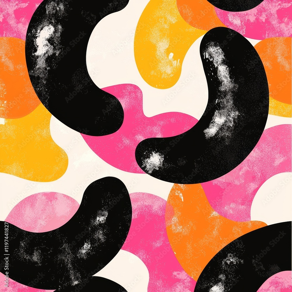 Poster a seamless pattern featuring abstract smiling faces in a whimsical 70s hippie style, with playful me