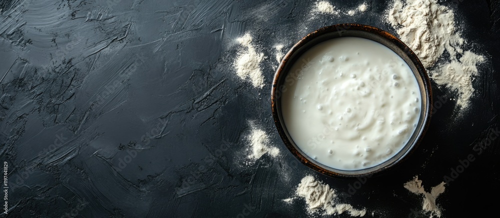 Aufkleber bowl of yogurt with flour scattered on dark textured background with copy space for text
