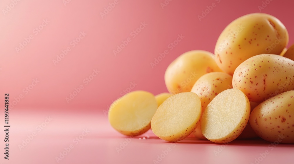 Poster isolated of sliced potatoes revealing golden flesh and uniform thickness on a clean background stock