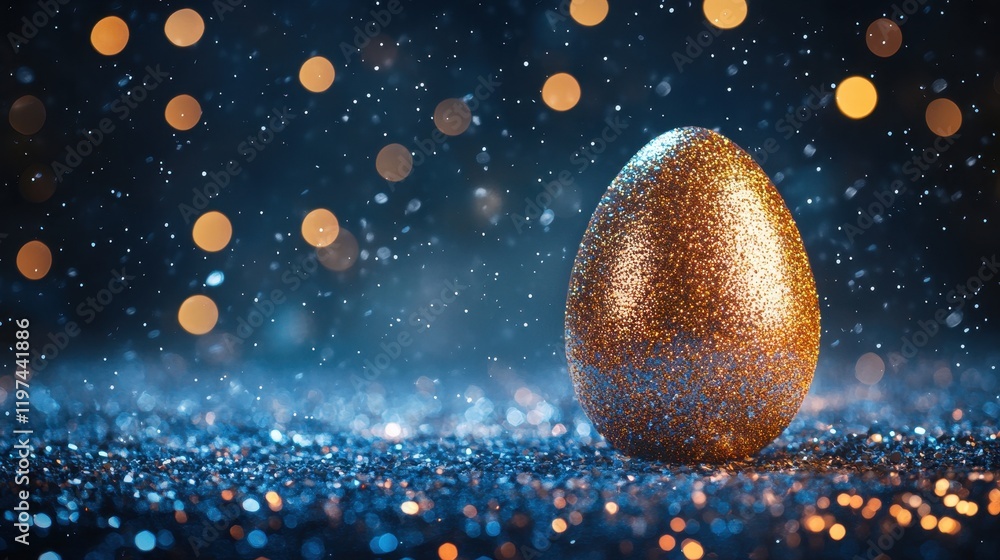 Poster golden egg on dark background with bokeh lights and reflection