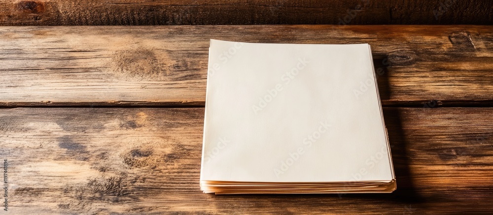 Poster blank paper sheet on wooden table background with copy space for text or design elements