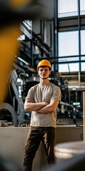 Obraz premium A man in a grey shirt and brown pants stands in front of a wall with a yellow helmet on his head