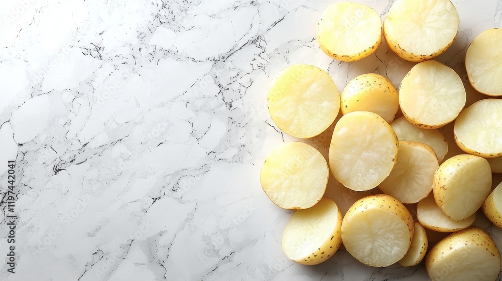 Poster isolated of halved potatoes with visible skin texture and starchy interior on a white background sto
