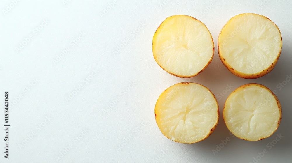 Poster isolated of halved potatoes with visible skin texture and starchy interior on a white background sto