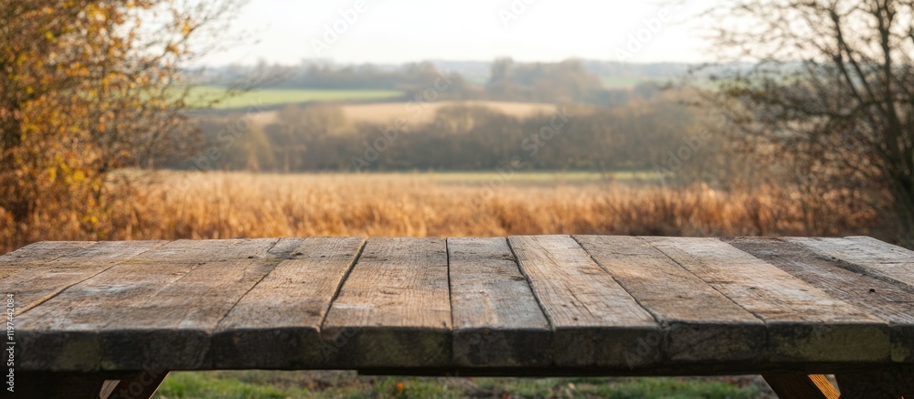 Poster weathered wooden table with rustic texture overlooking a blurred natural landscape and fields in the