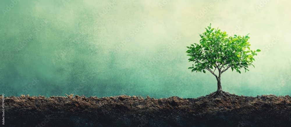 Poster lonely green tree on brown soil with gradient background and ample copy space for text