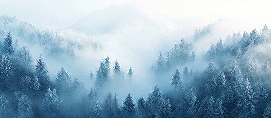 Foggy winter forest landscape with dense evergreen trees covered in frost and mist, soft blue hues and Copy Space for text placement.