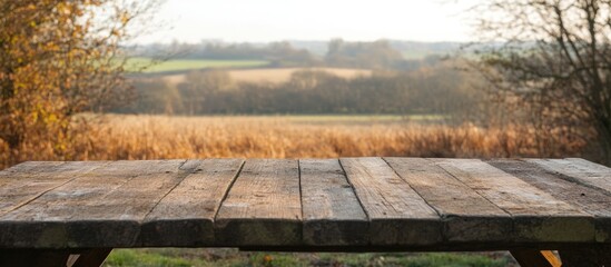 Fototapeta premium Weathered wooden table with rustic texture overlooking a blurred natural landscape and fields in the background Copy Space