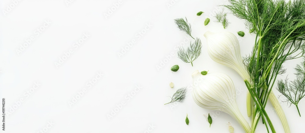 Poster fresh white onions and dill herbs isolated on white background with copy space for text insertion.