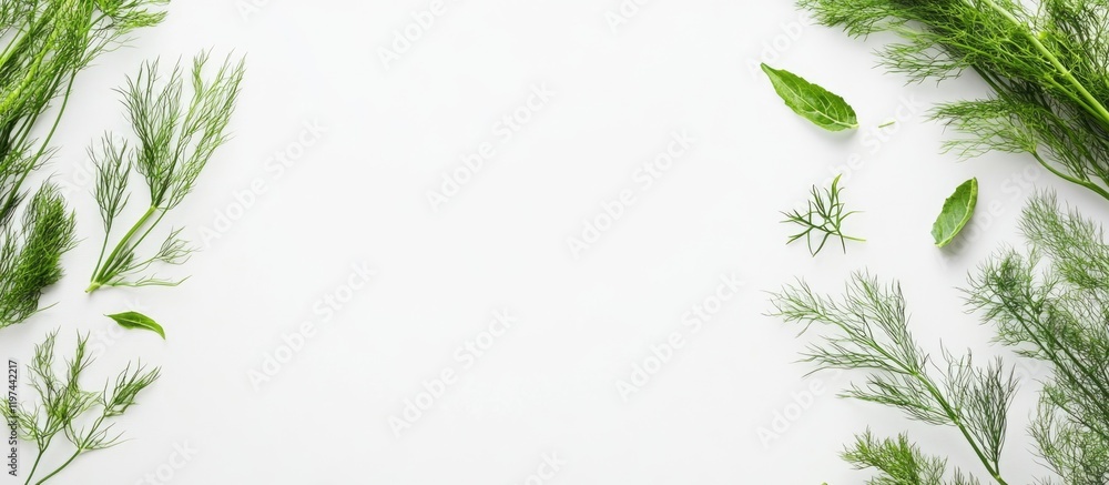 Poster fresh green herbs arranged on a white background with ample copy space for text insertion.