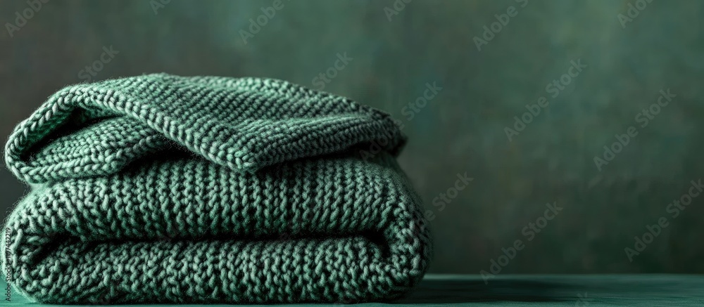 Poster Folded green knitted blanket on a textured green background with ample copy space for text placement