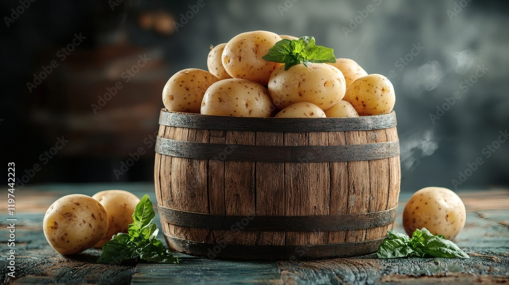 Poster isolated of a wooden basket filled with rustic potatoes emphasizing farm-fresh quality stock photo w