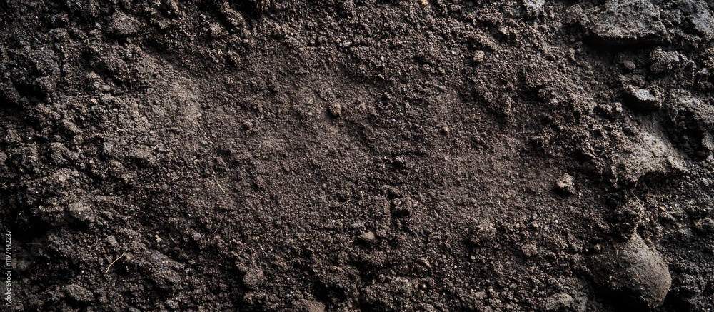 Poster dark textured soil background with visible dirt and small stones suitable for layering or copy space