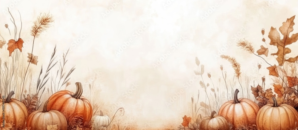 Poster autumn landscape background with assorted orange pumpkins and golden foliage on a soft beige canvas 