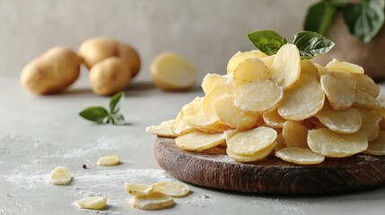 Isolated of peeled potatoes placed together on a spotless white surface ready for cooking Stock Photo with side copy space