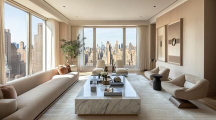 Fototapeta premium A modern living room with a marble coffee table, a plush rug, and large windows