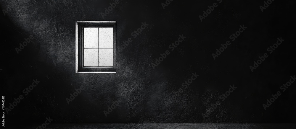 Poster dark grunge cement wall with attic window illuminated by soft light featuring copyspace for text in 