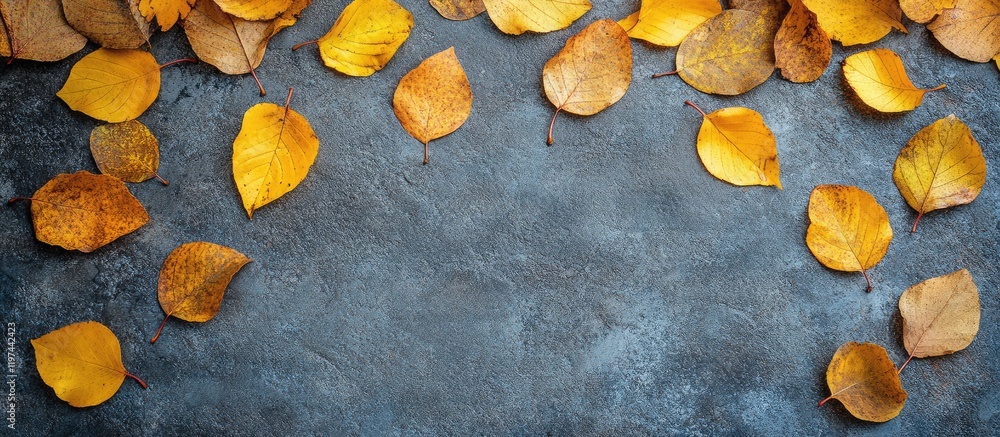 Poster autumn background featuring scattered yellow leaves on a textured dark gray surface with ample empty
