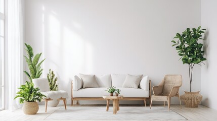 A minimalist studio with functional furniture, clean lines, and bright decorative plants enhancing the space.