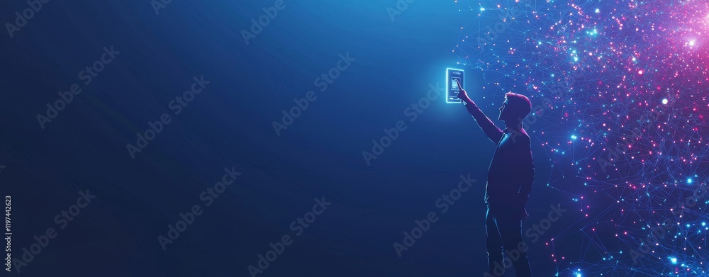 Poster a businessman interacts with a virtual screen displaying ai machine learning, big data, and computer
