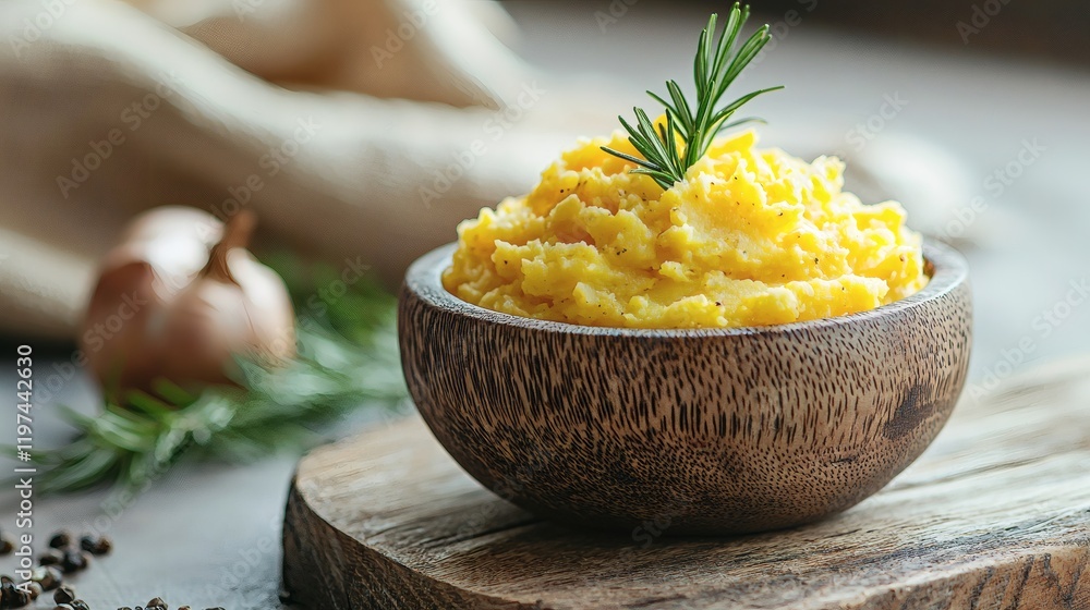 Poster Isolated of mashed potatoes presented in a small bowl with a creamy texture Stock Photo with side copy space