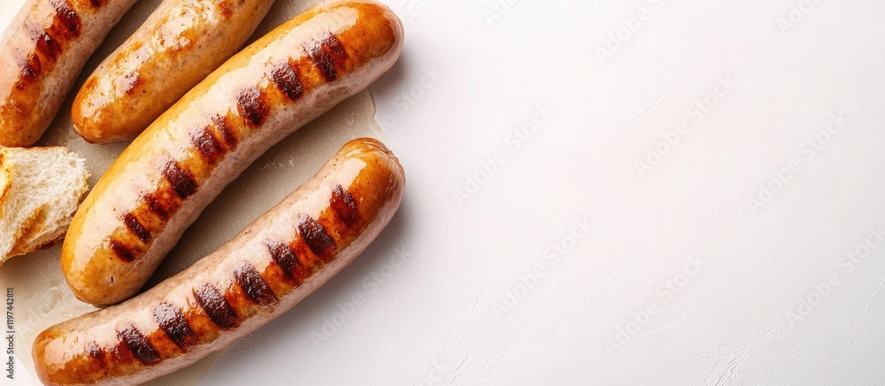 Poster grilled bratwurst sausages served in a bun on light gray background with empty space for copy and te