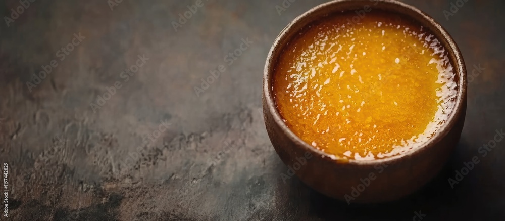 Poster brown bowl filled with golden liquid on dark textured background with ample copy space for text plac