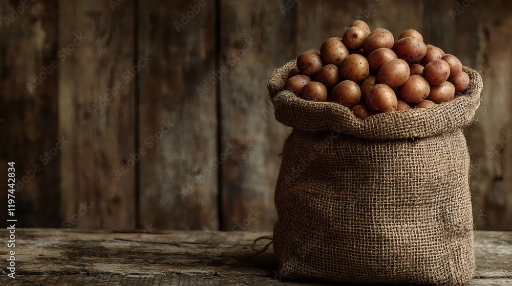 Poster Isolated of potatoes in a burlap sack adding a rustic touch to the composition Stock Photo with side copy space