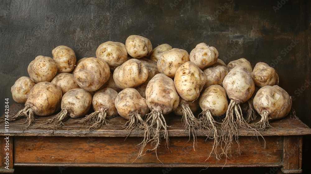 Poster isolated of a pile of potatoes with roots still attached showcasing their organic appeal stock photo