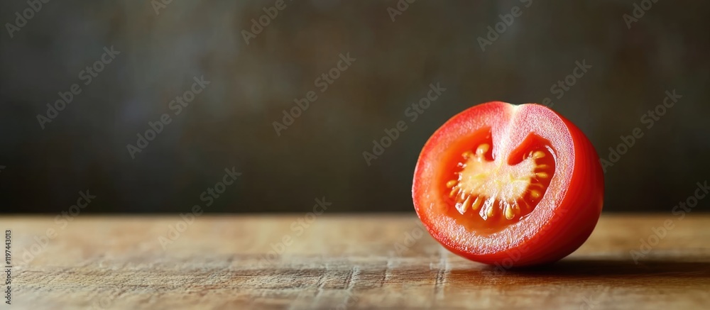Poster freshly cut tomato half on a wooden table with dark background and ample copy space for text placeme