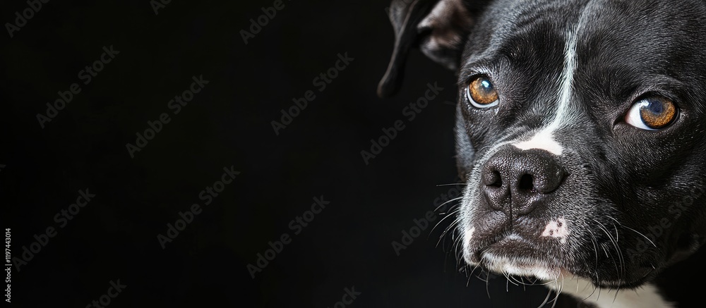 Poster black dog with one eye and white patch on face against dark background with empty space for text, fe
