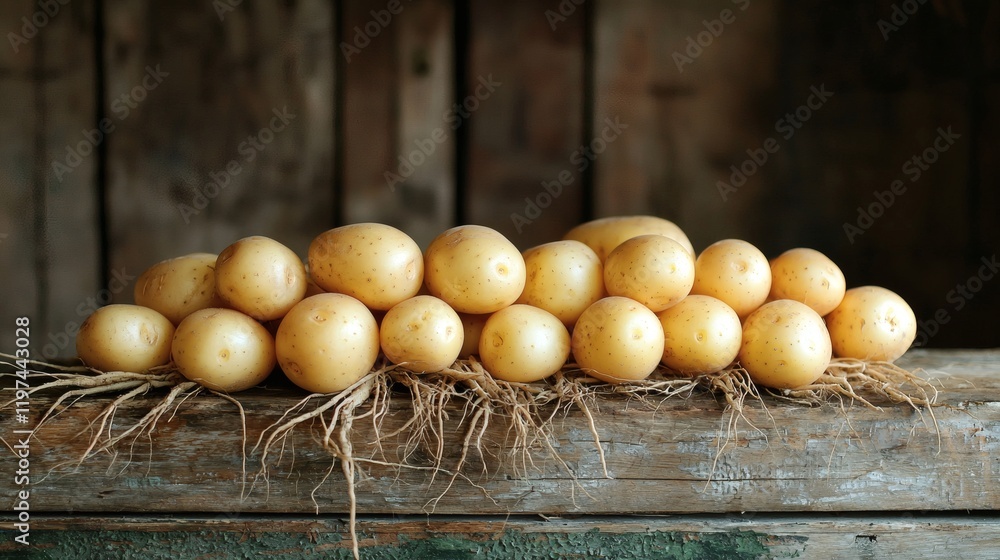 Poster isolated of a pile of potatoes with roots still attached showcasing their organic appeal stock photo