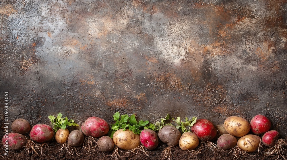 Poster isolated of a pile of potatoes with roots still attached showcasing their organic appeal stock photo