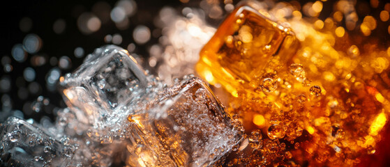 Refreshing glass of clear beverage with ice cubes against a dark background